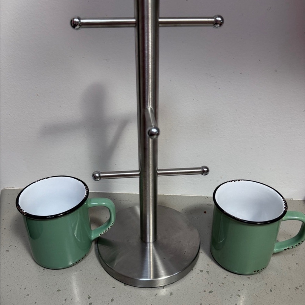 Brushed Stainless 6 Mug Rack + 2 Green Ceramic Mugs